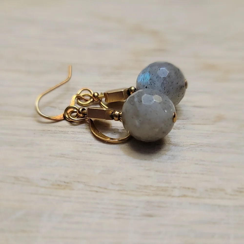 Handmade Labradorite Faceted Bead Dangle Earrings Gold Tone Hooks ~ 1.25